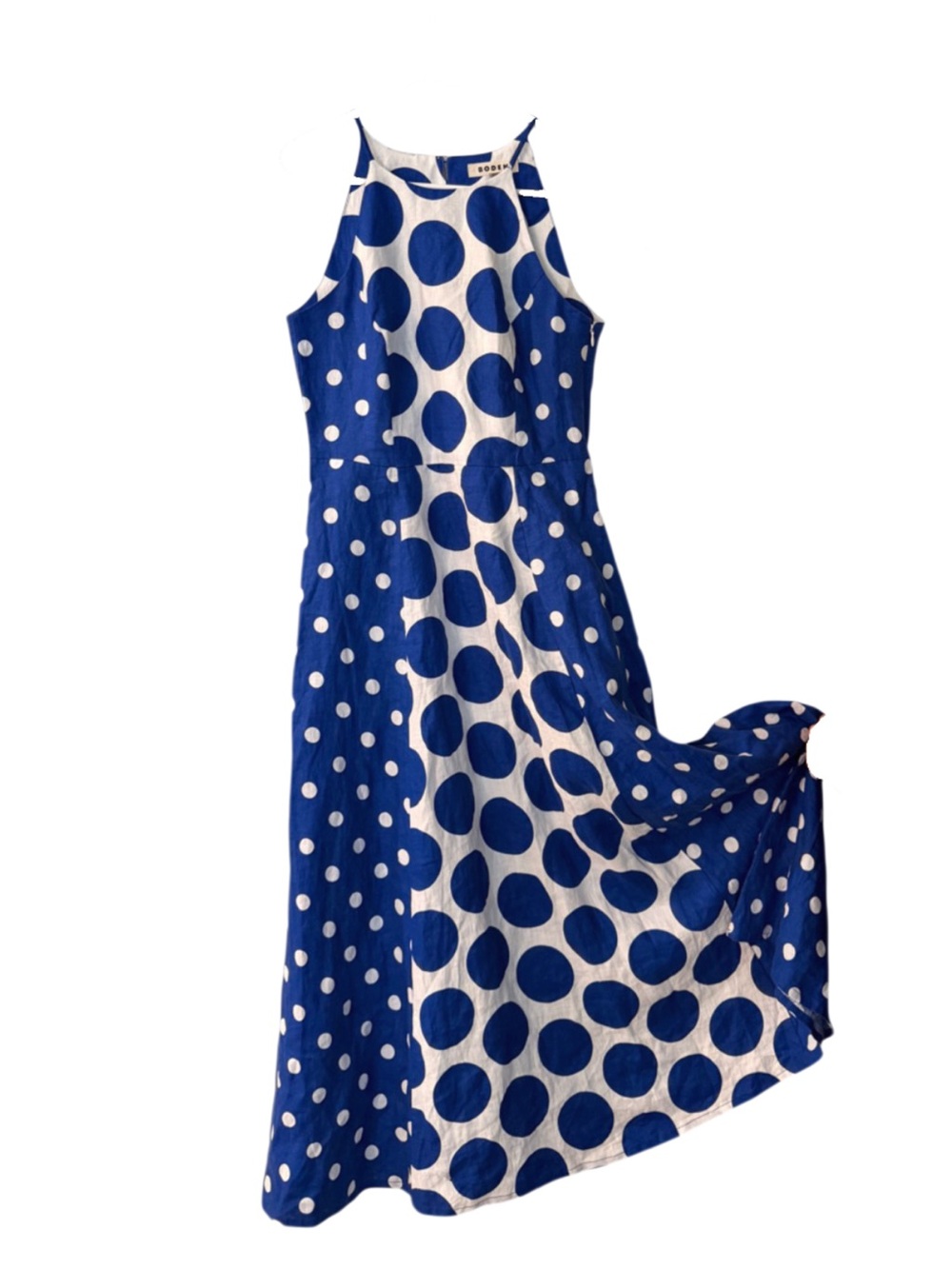 Boden Linen Maxi Halter Dress Surf the Web Spotted Blue Polka Dot US 8
